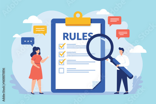 Compliance and Policy Management: Reviewing Rules and Regulations for Business Operations flat vector illustration