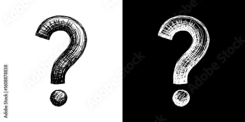 Black and white question mark illustration on transparent and black backgrounds, isolated vector image, chalk drawing  