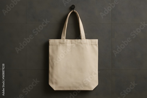 Minimalist beige canvas tote bag hanging on dark textured wall, eco friendly reusable shopping bag for sustainable fashion, branding mockup and modern lifestyle concept

