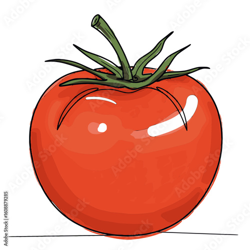Red tomato with green leaves, isolated vector image on transparent background, hand drawing style
