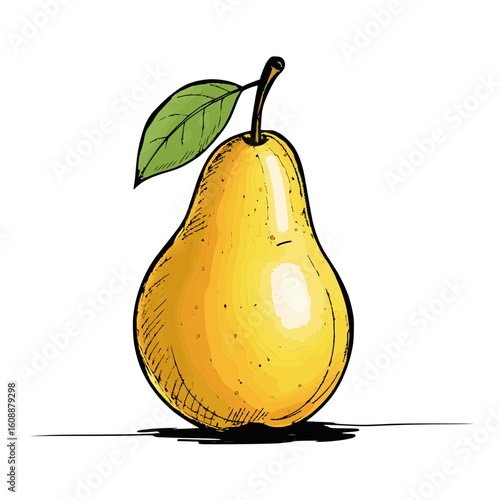 Yellow pear illustration with leaf, isolated vector image on transparent background, hand drawing style