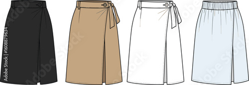 Flat sketch of wrap midi skirts with button and tie, front view fashion illustration, vector technical drawing, different fabric styles

 flat vector illustration