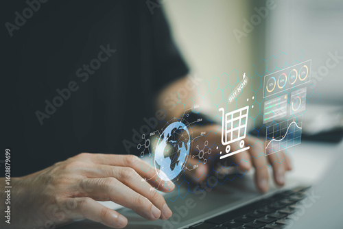 Wallpaper Mural Business person point and manage online e-commerce business automation logistic supply chain in online dashboard. Global worldwide logistic management for online shopping with warehouse inventory. Torontodigital.ca