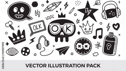 Hand-Drawn Doodle Illustration Pack: Skull, Crown, Headphones, Star, Music Note, Eye, Paper Plane, Vector Graphics, Black and White Art