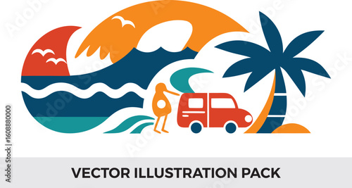 Tropical Beach Vector Illustration: Surfer, Car, Palm Tree, Waves, and Sunset Graphic Design for Summer Vacation