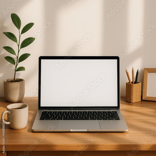 “Modern Home Workspace with Laptop, Coffee Mug, and Natural Lighting – Minimalist Desk Scene”