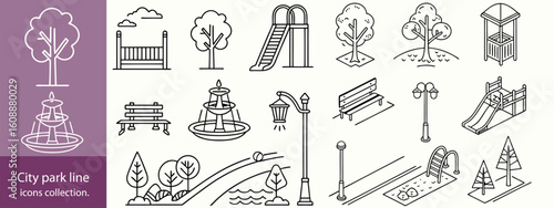 city park line icons collection. thin outline icon.