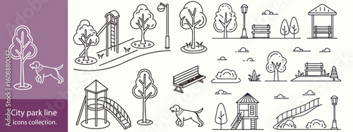city park line icons collection. thin outline icon.