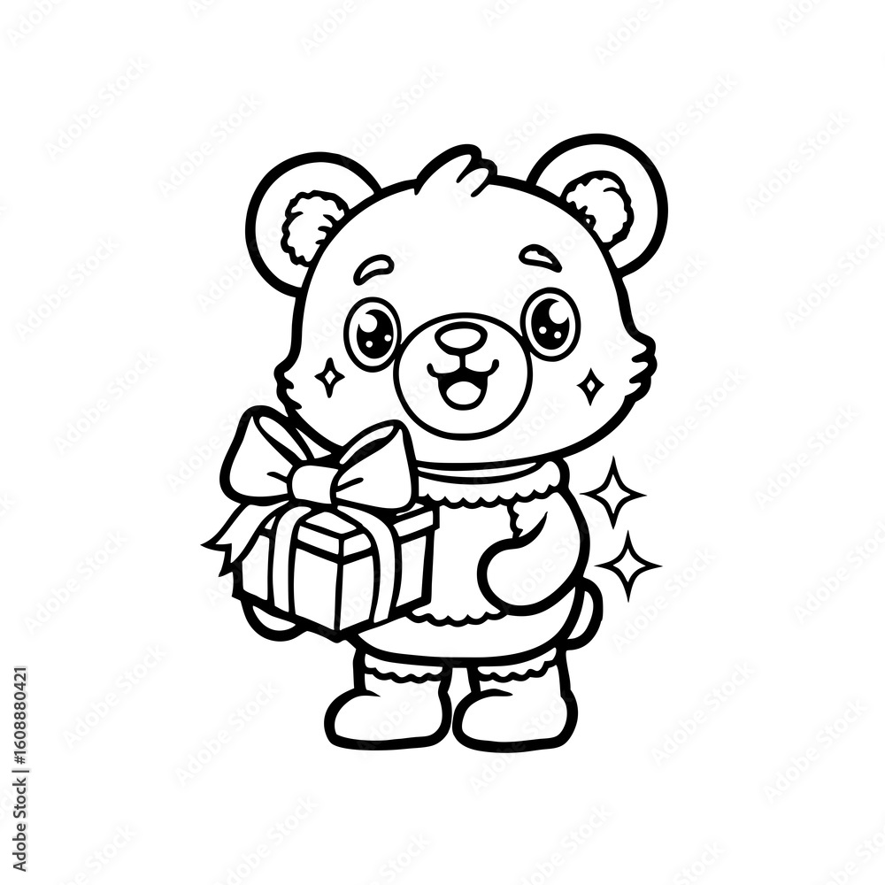 Obraz premium Cartoon bear standing and holding a gift box tied with a bow, outlined in black and white, with sparkling details.