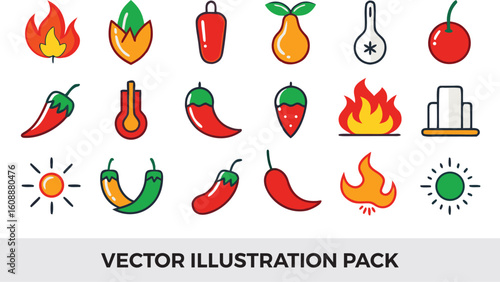 Vector Illustration Pack: Spicy Food Icons Set - Chili Peppers, Fire, Heat, Thermometer, Sun, Fruits - Modern Flat Design Graphics