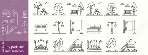 city park line icons collection. thin outline icon.