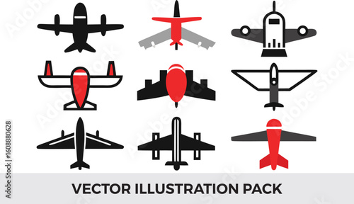 Vector Illustration Pack: Set of 9 Airplane Icons in Black, White, and Red. Minimalist Aircraft Designs for Graphic Design Projects