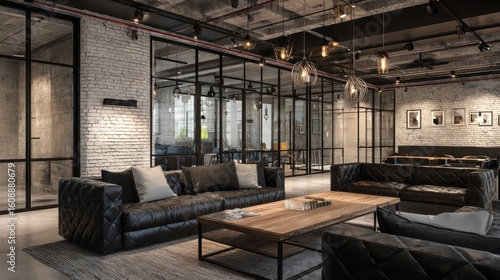 Wallpaper Mural Modern interior with leather sofas, glass-walled offices, exposed brick, and industrial lighting Torontodigital.ca