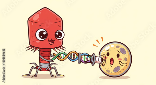 Cartoon depiction of a red bacteriophage injecting its DNA into a scared, round cell on a light yellow background.