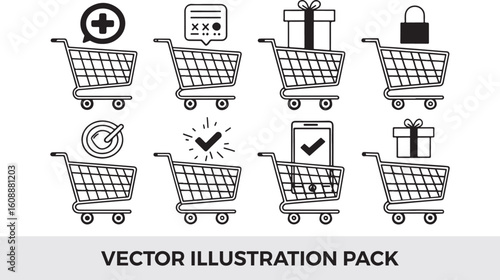 Shopping Cart Icon Vector Illustration Pack: E-commerce, Online Retail, Add to Cart, Checkout, Gift, Security, Target, Success Graphics