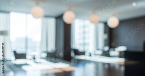 Elegant open office layout with muted tones and artistic depth of field, giving a conceptual impression of corporate space and functionality.