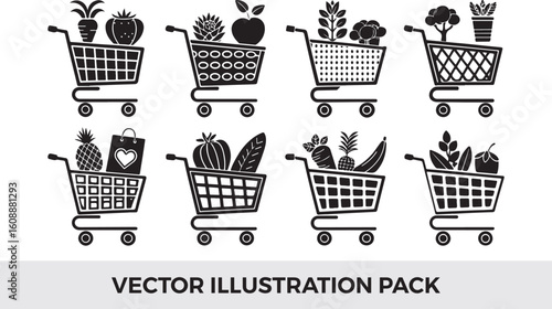 Black and White Vector Illustration Pack: Shopping Carts Filled with Healthy Groceries, Fruits, and Vegetables for Food and Lifestyle Designs