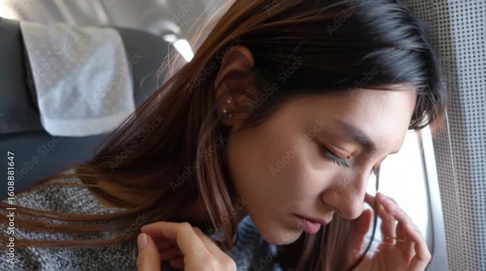 A female traveler is sick during jet flight. Vertigo in the airplane. Dizziness A female traveler is sick during jet flight. Vertigo in the airplane. Dizziness