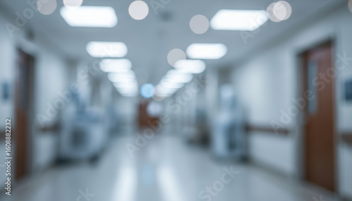Glowing hospital lights line the ceiling in this defocused view of a clinical passageway, suggesting cleanliness and sterility.