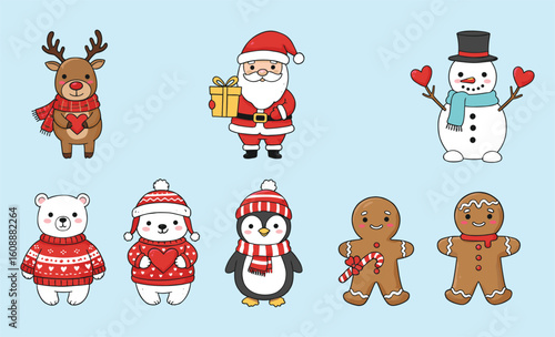 Adorable Christmas Characters with Reindeer, Santa, Snowman, Polar Bears, Penguin, and Gingerbread Man flat vector illustration