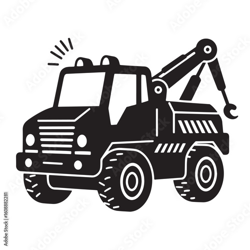 Black and white cartoon tow truck illustration perfect for roadside assistance and vehicle recovery concepts
