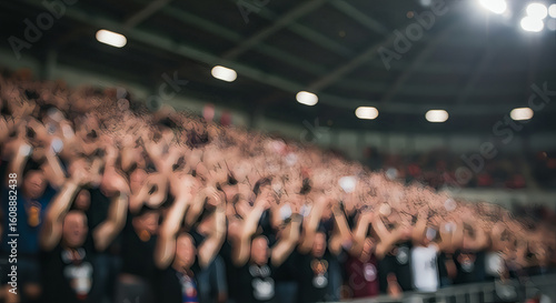 A large crowd of people in a stadium, arms raised in excitement.