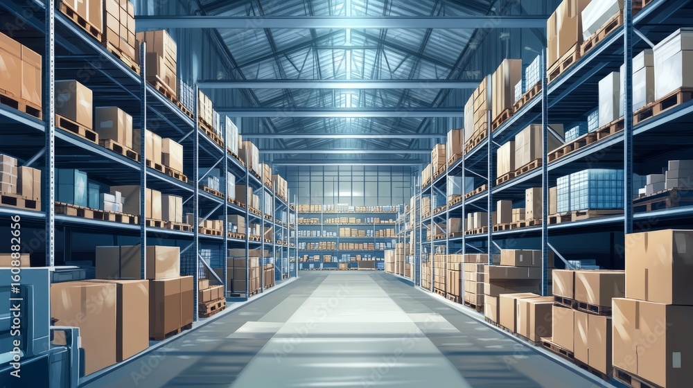 Fototapeta premium Spacious industrial warehouse interior with multiple storage racks and stacked boxes for logistics, inventory control, order fulfillment, and supply chain management concepts – ideal illustration for