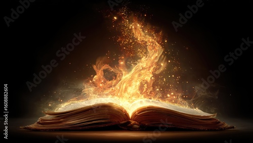 Open book engulfed in magical flames