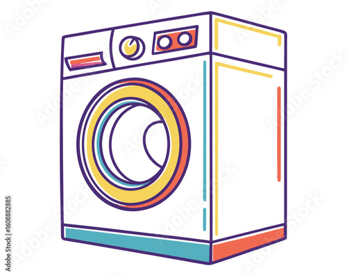 Stylized illustration of a washing machine with bold outlines and bright colors for cleaning concept.