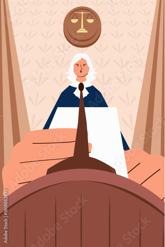 A stern judge delivering a verdict in a courtroom with a gavel and justice symbol above.