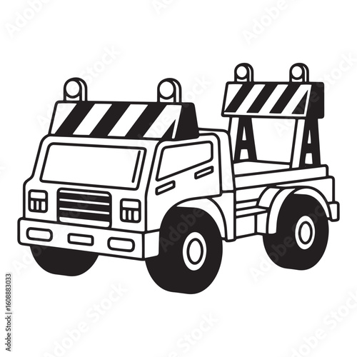 Black and white illustration of a construction truck with traffic barricades