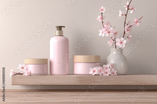 Wallpaper Mural Pink cosmetic bottles and jars on a light wooden shelf with cherry blossoms Torontodigital.ca