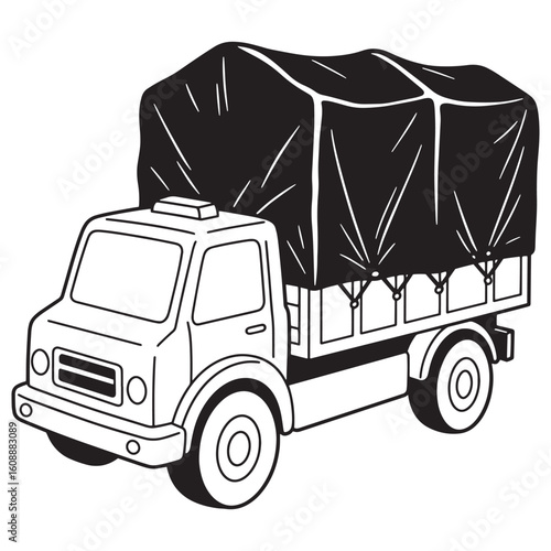 Black and white illustration of a covered cargo truck isolated on white background