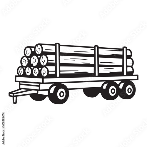 Black and white illustration of a lumber trailer loaded with logs ready for transport.