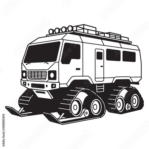 Black and white illustration of a tracked snow vehicle designed for arctic exploration.
