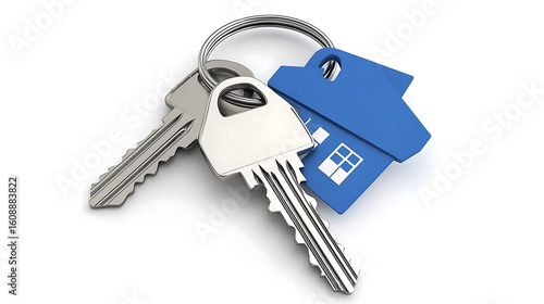3D keychain icon with house symbol representing property security buying real estate renting or insurance coverage on white background