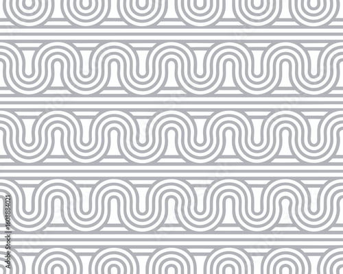 Geometric abstract seamless pattern with repeating gray curved lines on a white background.