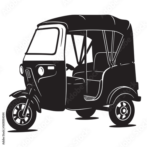 Black and white illustration of an auto rickshaw or tuk tuk depicting transportation