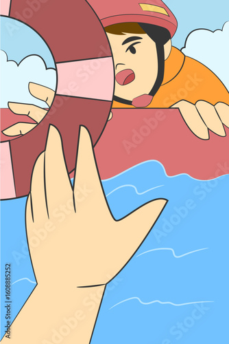 A lifeguard reaches out with a lifebuoy to rescue someone struggling in the water during an emergency.