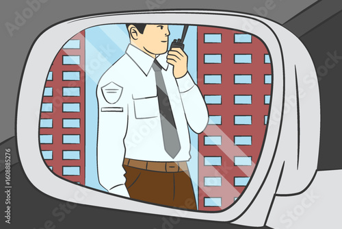 A security officer monitors the premises using a walkie-talkie, viewed from a car’s side mirror.