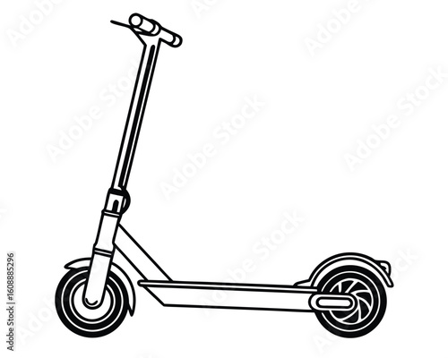 Black and white line art illustration of a modern electric kick scooter on white background.