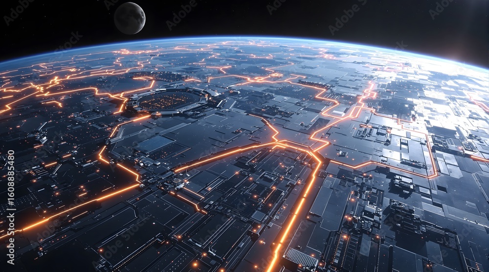 Fototapeta premium Futuristic Earth city grid illuminated with orange energy lines, seen from space with moon.