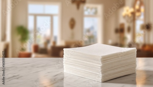 Stack of white napkins on marble surface. Blurry interior background