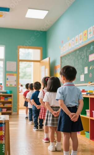 Young children lined up in a classroom waiting for instruction, early education and learning environment
