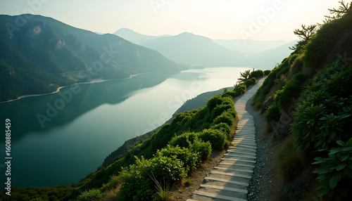 Fototapeta Naklejka Na Ścianę i Meble -  Winding stone path ascends mountain hillside overlooking serene reflective lake