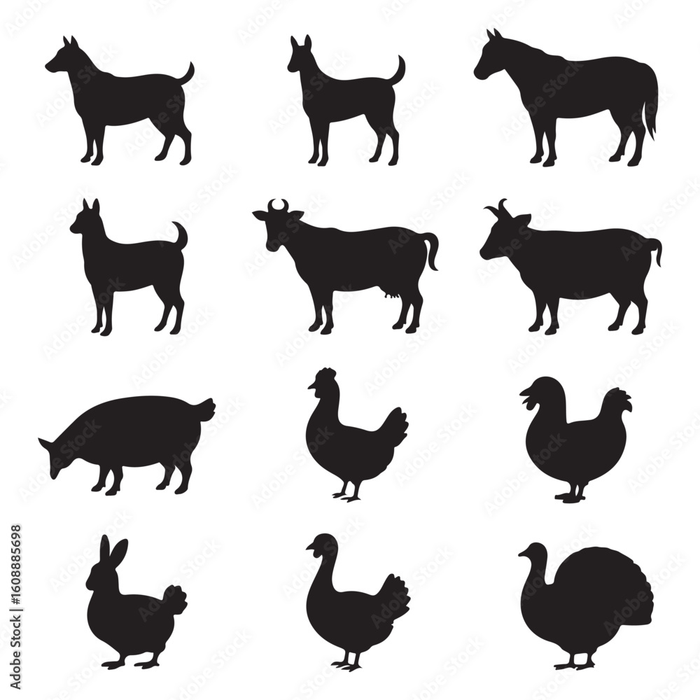 Obraz premium Domestic Animal Silhouette Vector Set – Dog, Cat, Cow, Horse, and More on White Background, Art & Illustration.