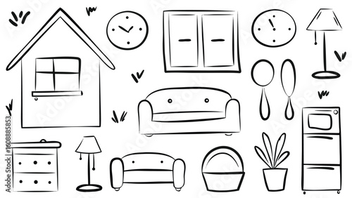 Hand Drawn Home and Furniture Icons – Cozy Interior Doodle Set