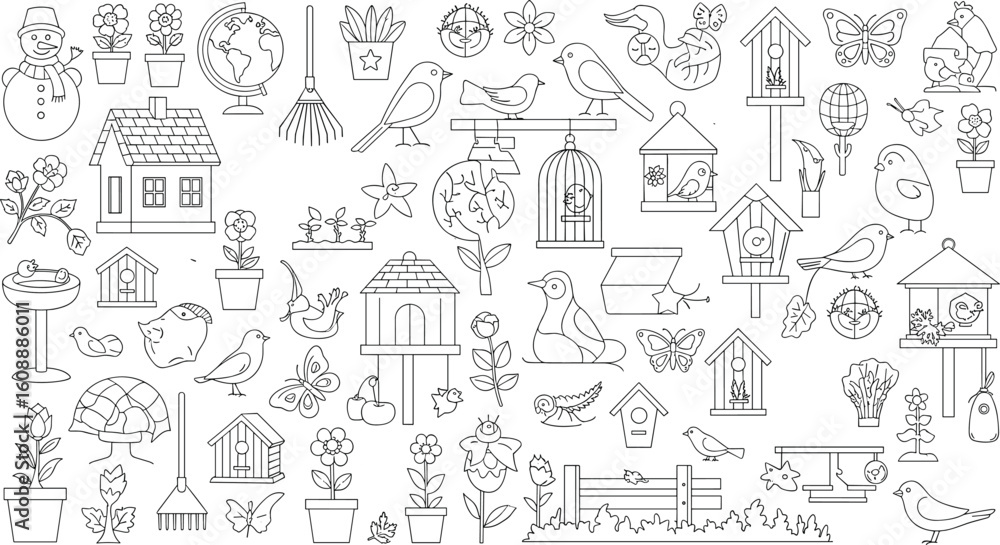 Fototapeta premium Birdhouse garden vector icons, outline drawing, birds, flowers, plants, butterflies, bird feeders, house, nature, black white graphic illustrationflat vector illustration
