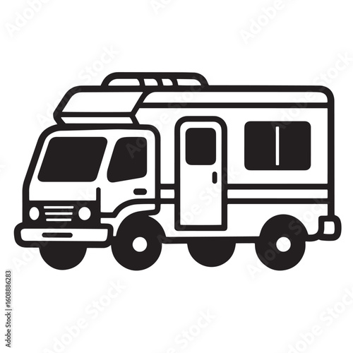 Simple black and white illustration of a campervan perfect for travel and adventure