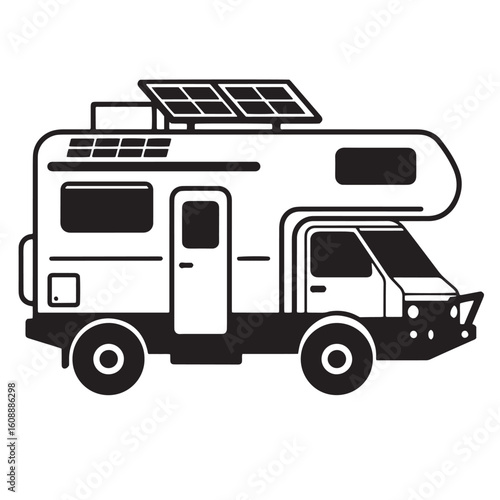 Simple black and white illustration of a campervan with solar panels on the roof